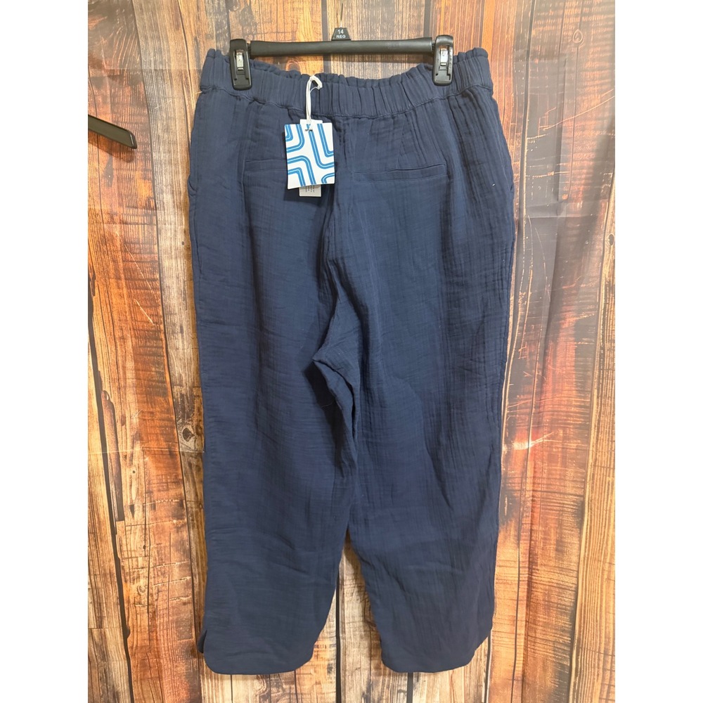 Market & Spruce Navy Blue Cotton Gauze Elastic Waist Straight Leg Pants Large - Picture 2 of 7